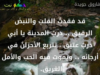 قد فقدتُ القلبَ والنبضَ الرقيق .. دربُ المدينة يا أبي دربٌ عتيق ، تتربع الأحزانُ في أرجائه .. ويموت فيه الحب والأمل الغريق. -فاروق جويدة