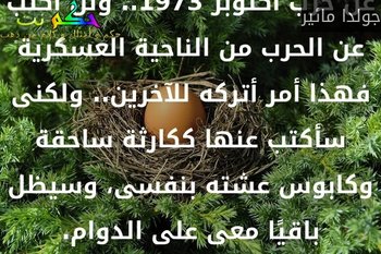 لن أشق على نفسى من الكتابة عن حرب أكتوبر 1973.. ولن أكتب عن الحرب من الناحية العسكرية فهذا أمر أتركه للآخرين.. ولكنى سأكتب عنها ككارثة ساحقة وكابوس عشته بنفسى، وسيظل باقيًا معى على الدوام.-جولدا مائير