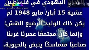 خلافًا للرواية الصهيونية، فإن الكيان اليهودي في فلسطين عشية 15 أيار/ مايو 1948 لم يكن ذاك الوليد الرضيع الهش؛ وإنما كان مجتمعًا عصريًا غربيًا صناعيًا متماسكًا ينبض بالحيوية.-وليد الخالدي
